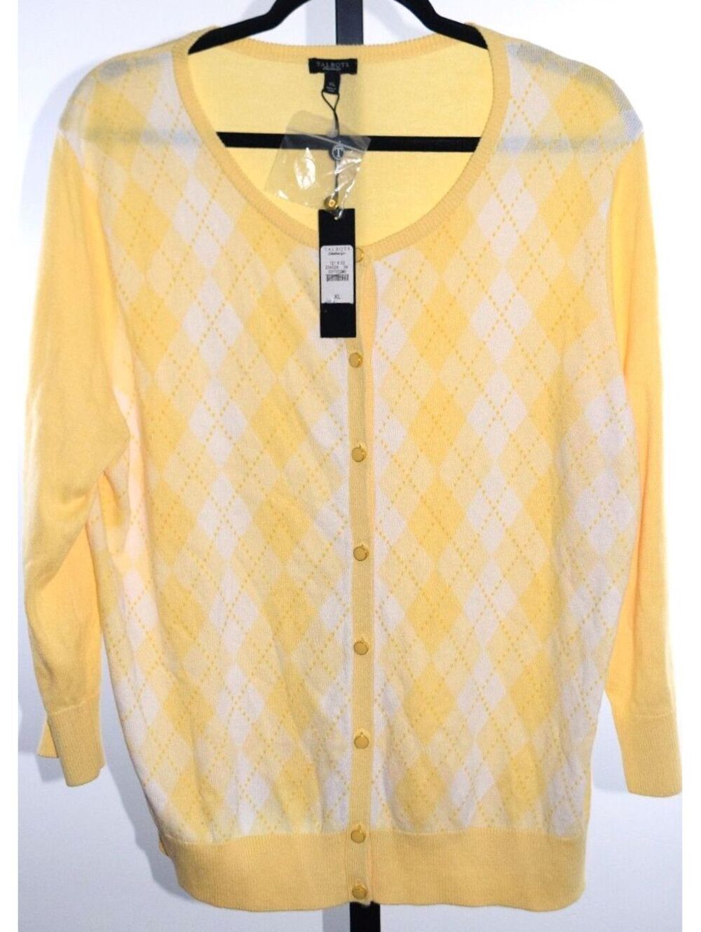 Talbots Charming Argyle Cardigan New With Tags Yellow White Button Front Size XL